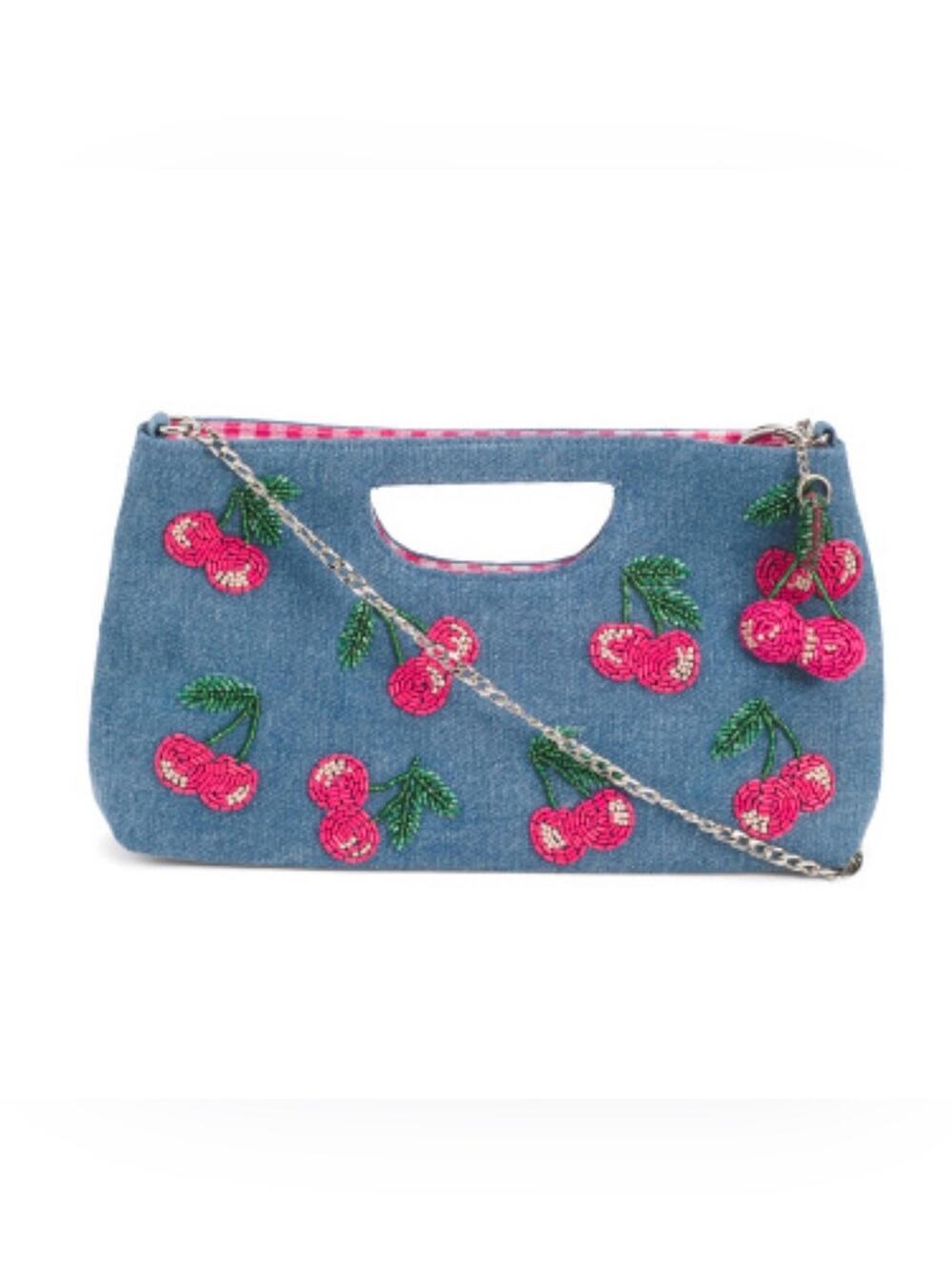 NEW BEADED PLAYFUL PINK CHERRY HILL DENIM CLUTCH SILVER CROSSBODY CHAIN GINGHAM